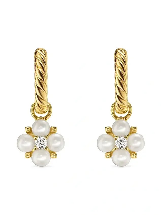 David Yurman Women's Petite Modern Renaissance Pearl Drop Earrings in 18K Yellow Gold with Diamonds, 18MM - Akoya White Pearl