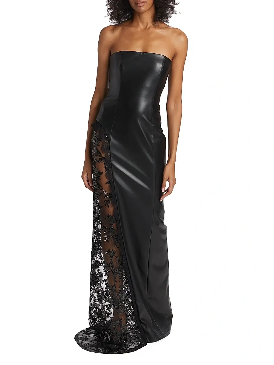 Alice + Olivia Women's Retha Strapless Faux Leather & Sequined Gown | Thumbnail 3 Alice + Olivia Women's Retha Strapless Faux Leather & Sequined Gown | Thumbnail 3