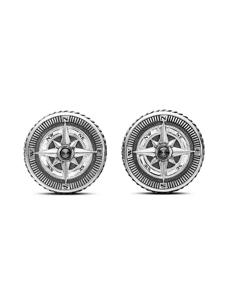 David Yurman Men's Maritime Compass Cufflinks in Sterling Silver with Center Black Diamond, 16mm