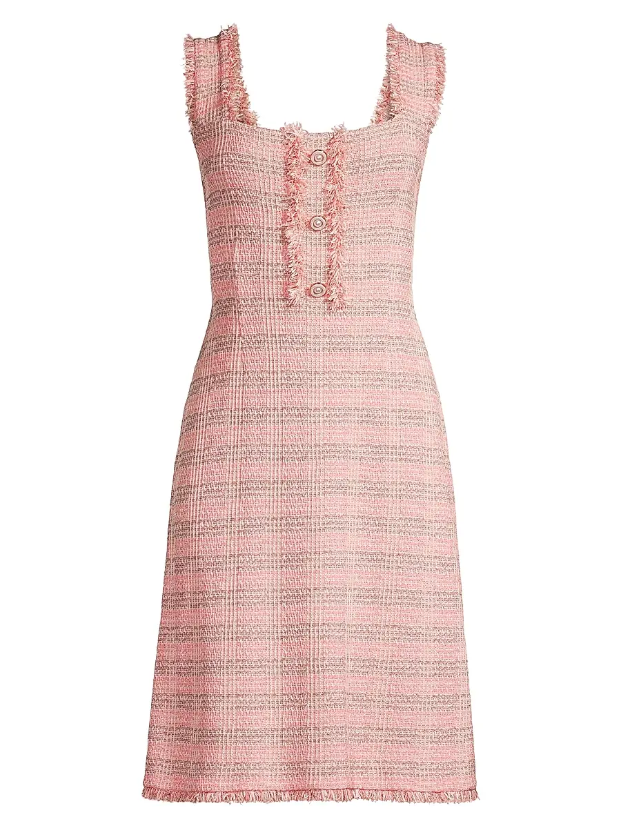 Misook Women's Fringe-Trim Tweed A-Line Minidress - Porcelain Pink Ocean | Image 1 Misook Women's Fringe-Trim Tweed A-Line Minidress - Porcelain Pink Ocean | Image 1