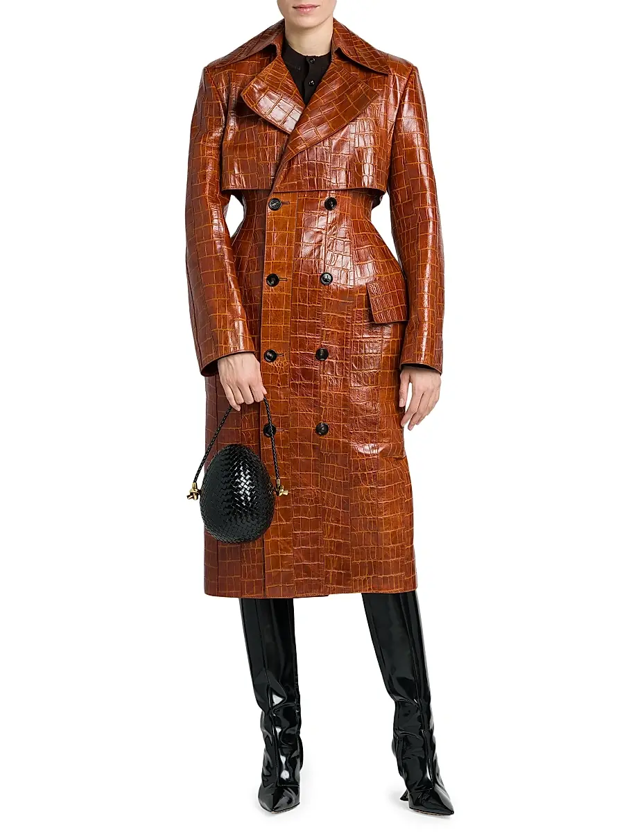 Bottega Veneta Women's Double-Breasted Croc-Embossed Leather Coat | Thumbnail 2 Bottega Veneta Women's Double-Breasted Croc-Embossed Leather Coat | Thumbnail 2