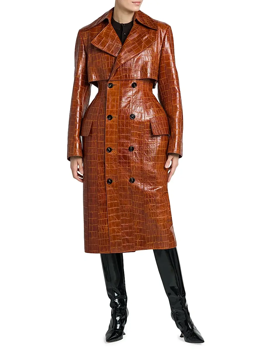 Bottega Veneta Women's Double-Breasted Croc-Embossed Leather Coat | Thumbnail 3 Bottega Veneta Women's Double-Breasted Croc-Embossed Leather Coat | Thumbnail 3