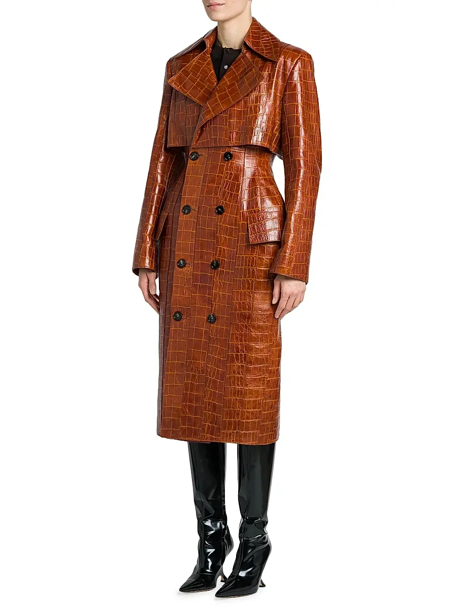 Bottega Veneta Women's Double-Breasted Croc-Embossed Leather Coat | Thumbnail 4 Bottega Veneta Women's Double-Breasted Croc-Embossed Leather Coat | Thumbnail 4