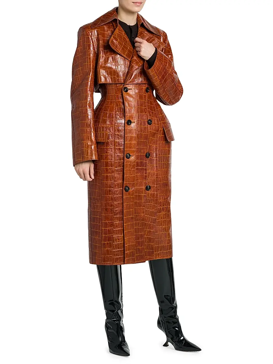 Bottega Veneta Women's Double-Breasted Croc-Embossed Leather Coat | Thumbnail 6 Bottega Veneta Women's Double-Breasted Croc-Embossed Leather Coat | Thumbnail 6