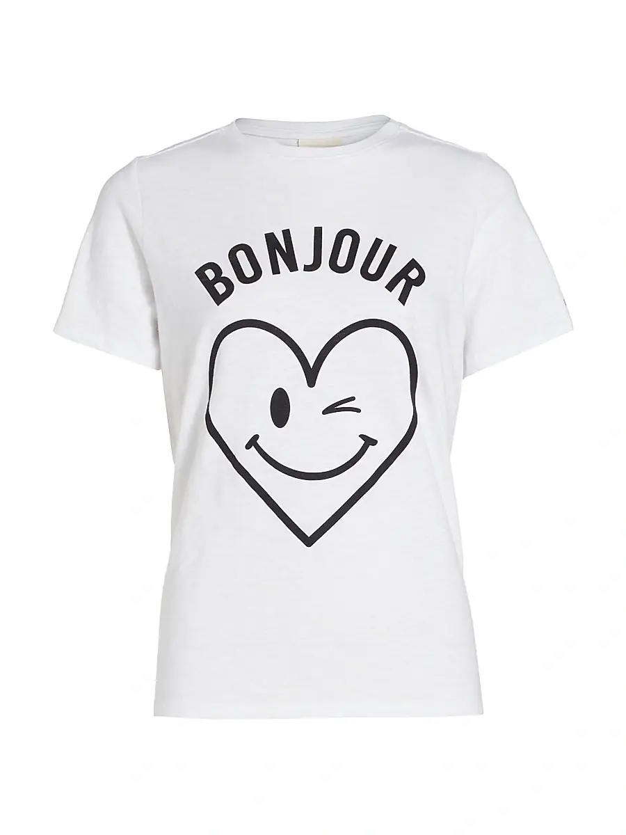 Cinq à Sept Women's Bonjour Smiling Heat Graphic Cotton T-Shirt - White Black | Image 1 Cinq à Sept Women's Bonjour Smiling Heat Graphic Cotton T-Shirt - White Black | Image 1