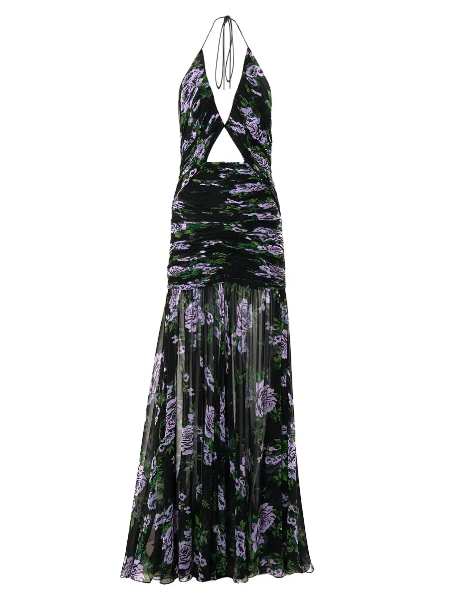 Carolina Herrera Women's Silk Floral Halter Cut-Out Gown - Black Multi | Thumbnail 5 Carolina Herrera Women's Silk Floral Halter Cut-Out Gown - Black Multi | Thumbnail 5