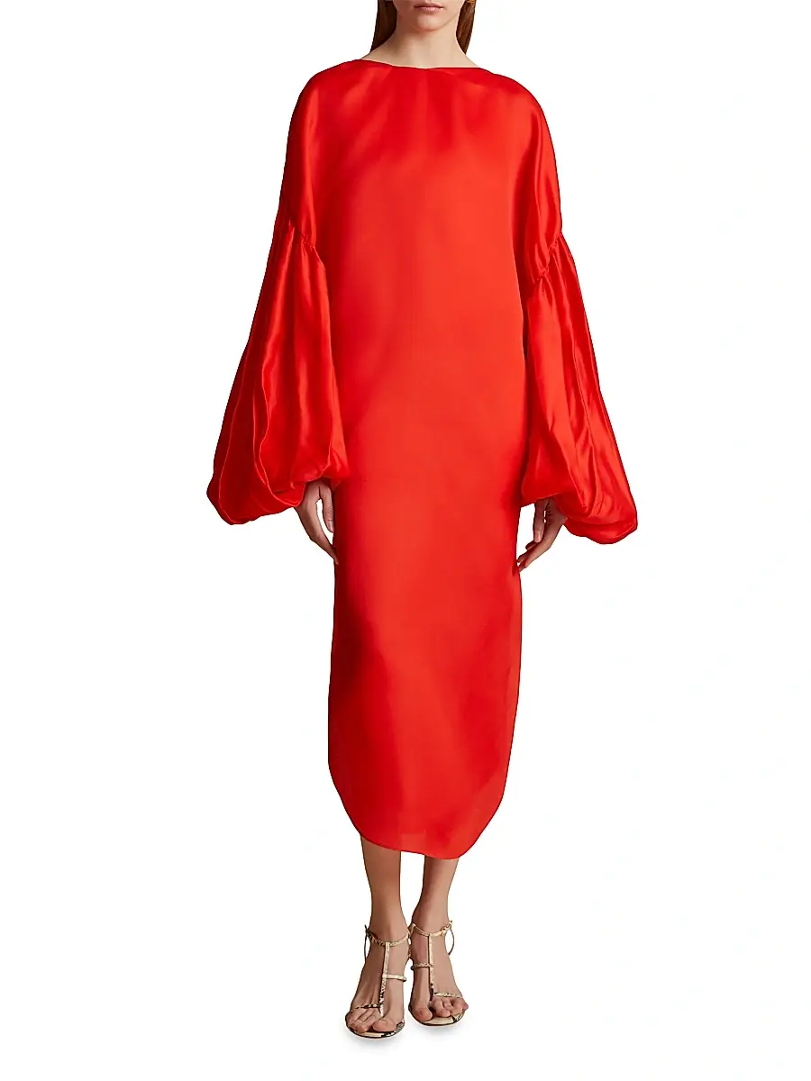 Khaite Women's Zelma Bishop-Sleeve Dress - Fire Red | Thumbnail 2 Khaite Women's Zelma Bishop-Sleeve Dress - Fire Red | Thumbnail 2