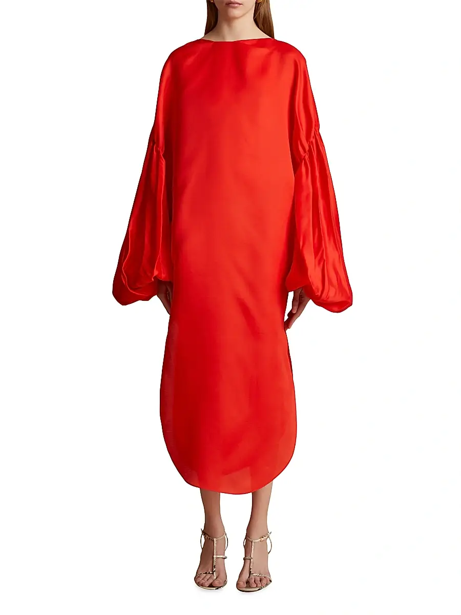 Khaite Women's Zelma Bishop-Sleeve Dress - Fire Red | Thumbnail 3 Khaite Women's Zelma Bishop-Sleeve Dress - Fire Red | Thumbnail 3