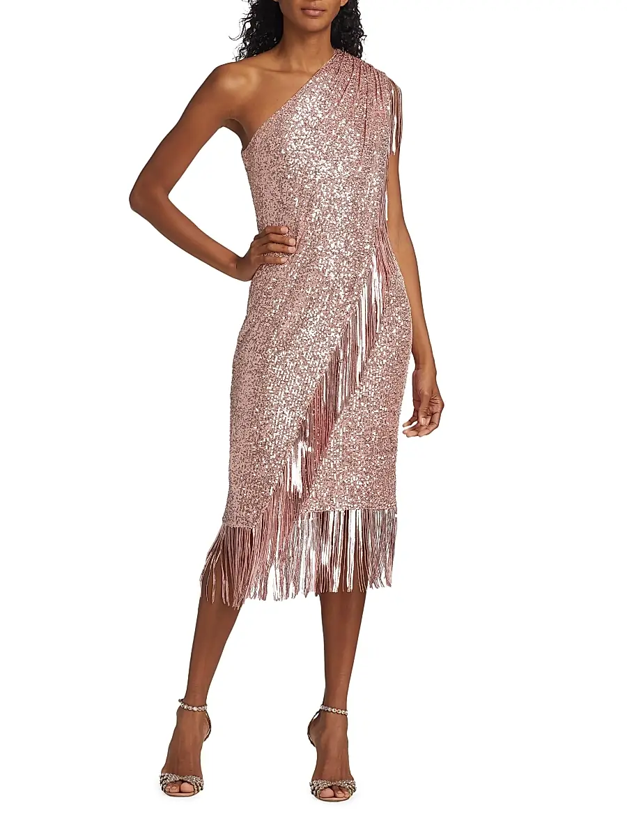 BADGLEY MISCHKA Women's Sequin Fringe One-Shoulder Midi Dress | Thumbnail 2