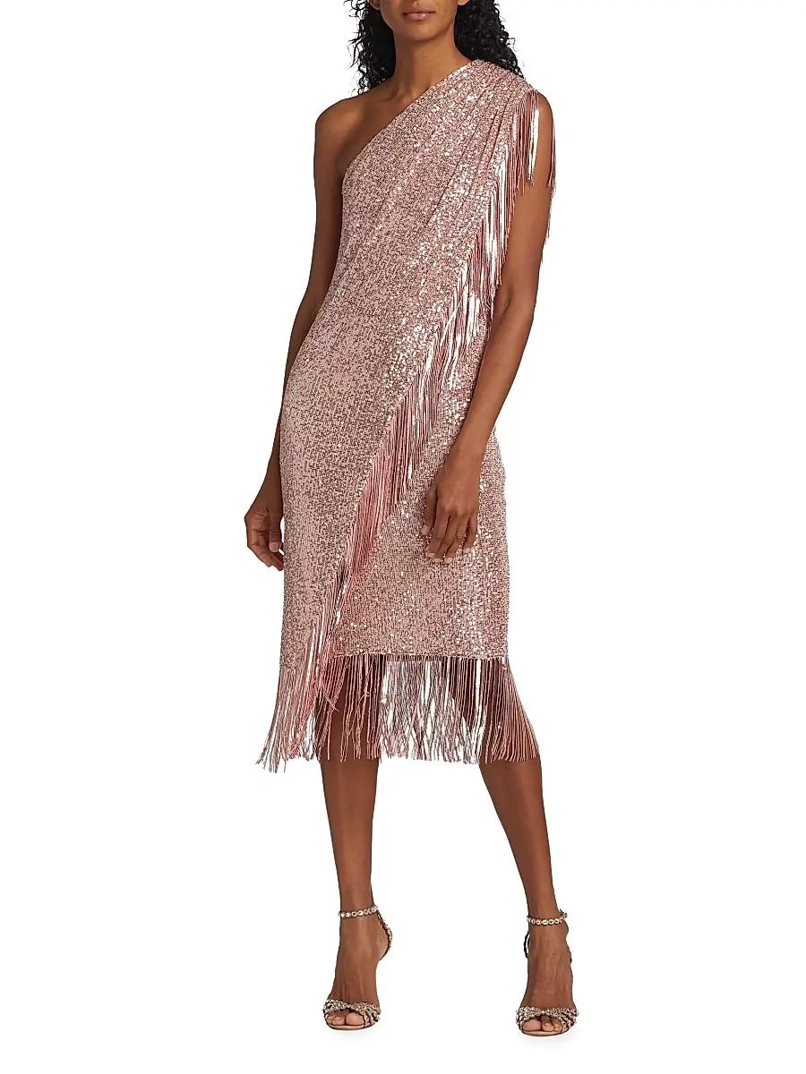 BADGLEY MISCHKA Women's Sequin Fringe One-Shoulder Midi Dress | Thumbnail 3