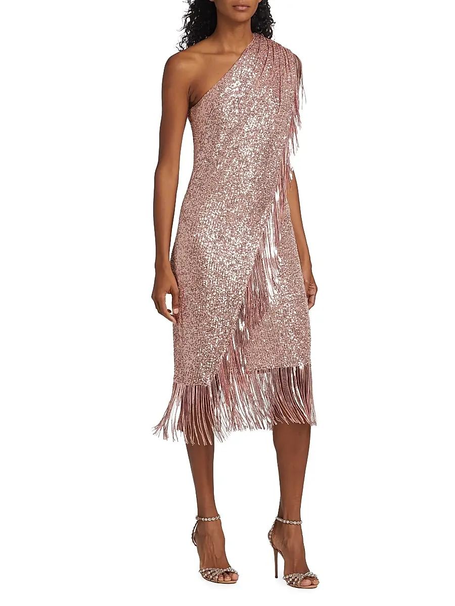 BADGLEY MISCHKA Women's Sequin Fringe One-Shoulder Midi Dress | Thumbnail 4