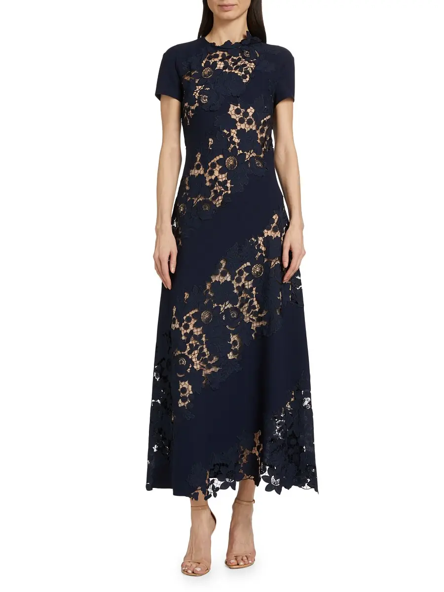 Oscar de la Renta Women's Wool Botanical Guipure Inset Maxi Dress - Navy | Thumbnail 2 Oscar de la Renta Women's Wool Botanical Guipure Inset Maxi Dress - Navy | Thumbnail 2