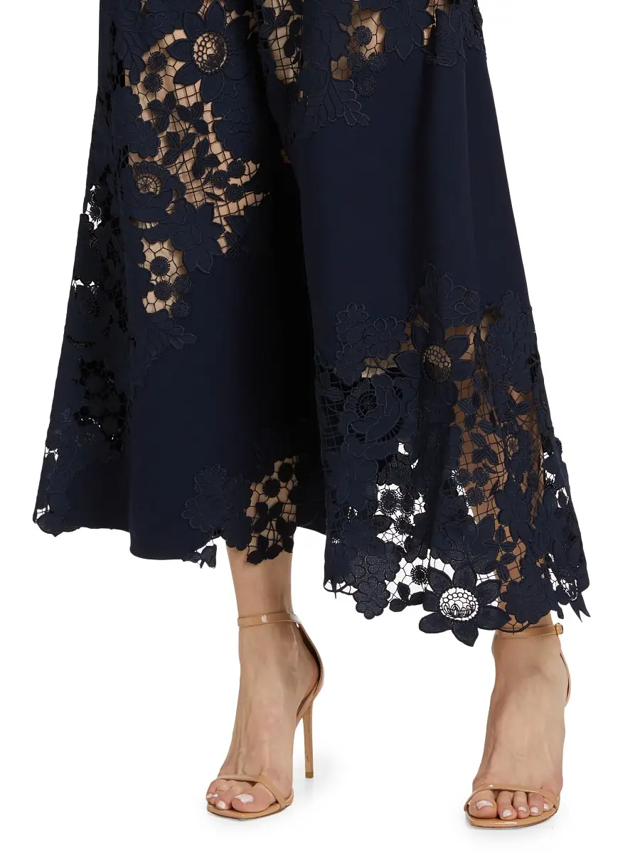 Oscar de la Renta Women's Wool Botanical Guipure Inset Maxi Dress - Navy | Thumbnail 5 Oscar de la Renta Women's Wool Botanical Guipure Inset Maxi Dress - Navy | Thumbnail 5
