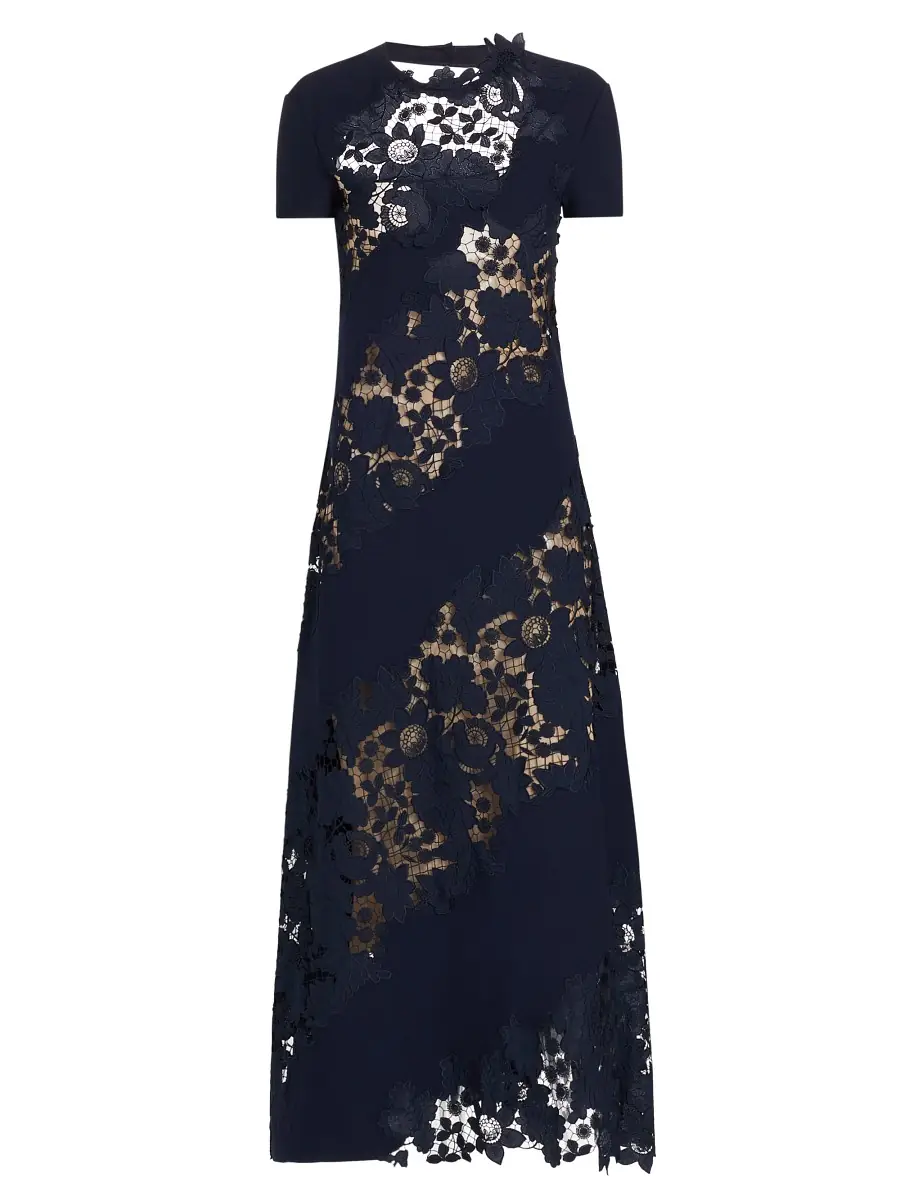 Oscar de la Renta Women's Wool Botanical Guipure Inset Maxi Dress - Navy | Thumbnail 7 Oscar de la Renta Women's Wool Botanical Guipure Inset Maxi Dress - Navy | Thumbnail 7