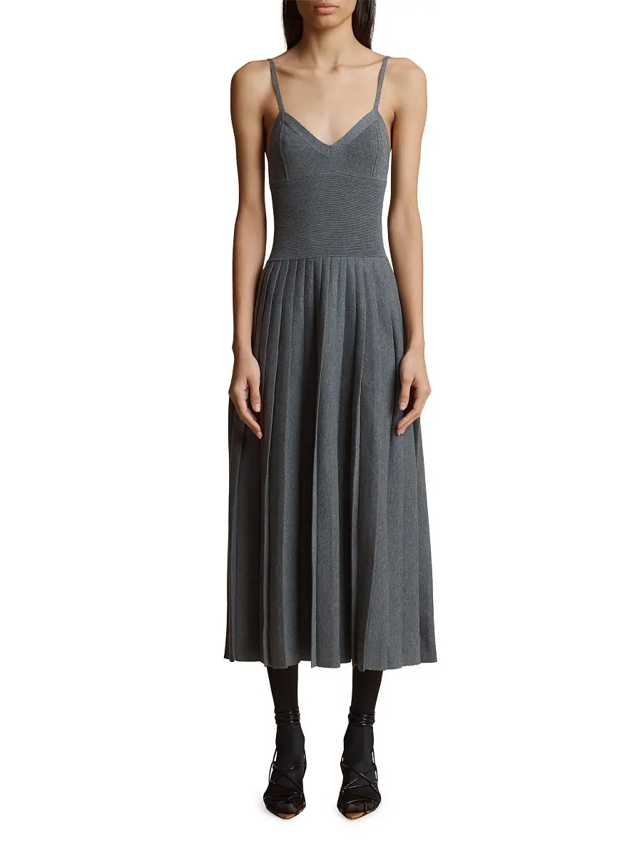 Khaite Women's Elio Pleated Wool-Blend Midi-Dress - Sterling | Thumbnail 2 Khaite Women's Elio Pleated Wool-Blend Midi-Dress - Sterling | Thumbnail 2