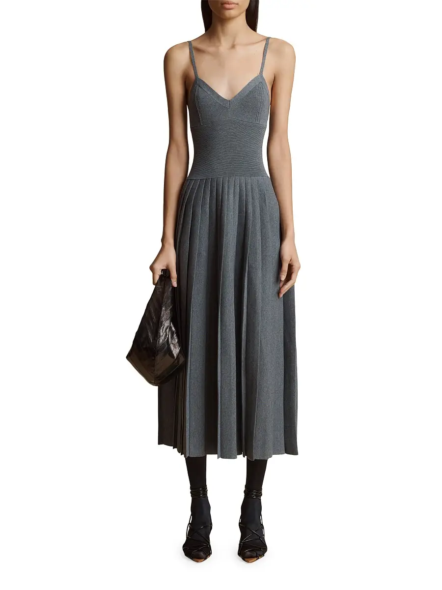 Khaite Women's Elio Pleated Wool-Blend Midi-Dress - Sterling | Thumbnail 1 Khaite Women's Elio Pleated Wool-Blend Midi-Dress - Sterling | Thumbnail 1