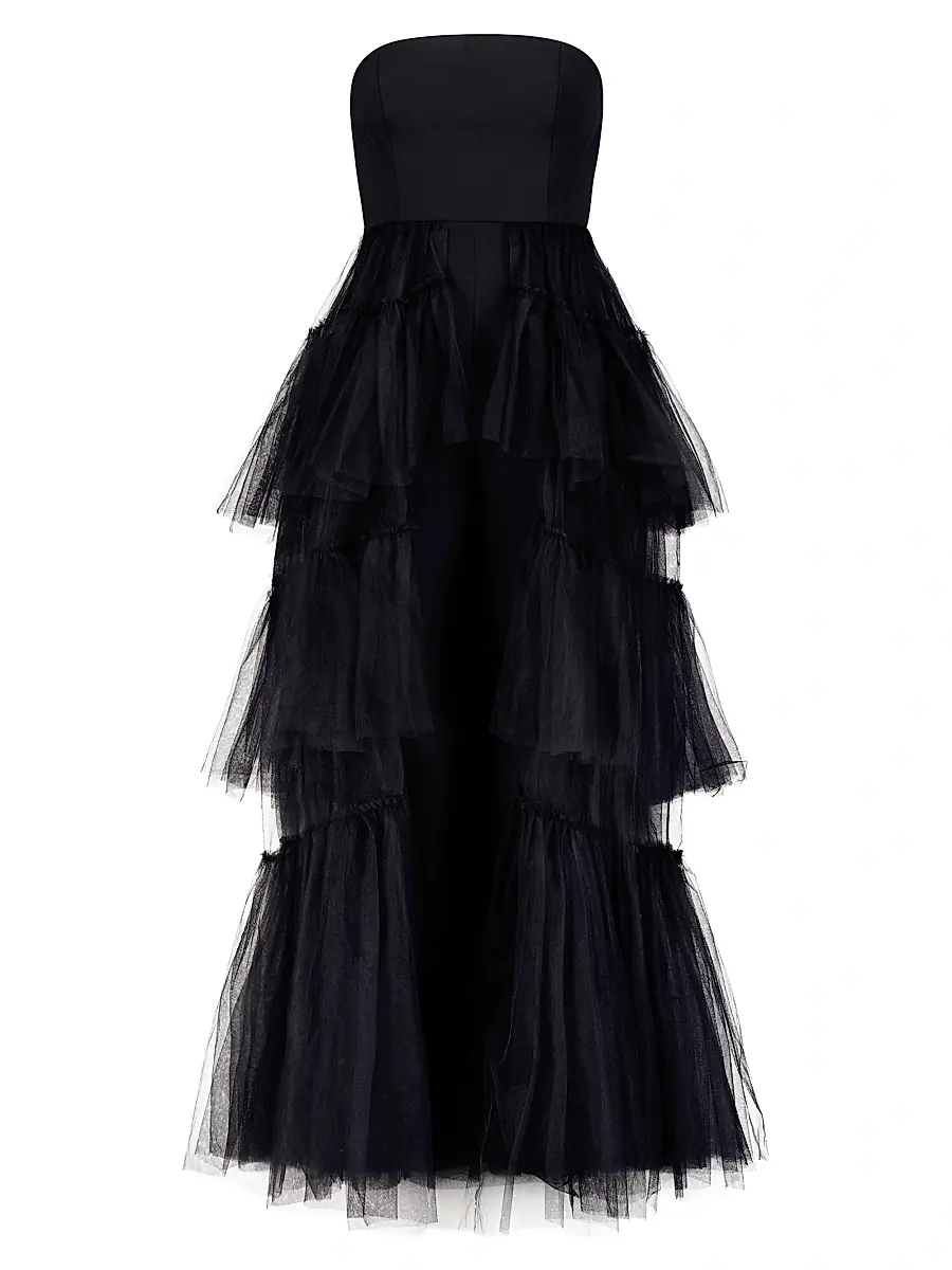 BCBGMAXAZRIA Women's Strapless Tiered Tulle Overlay Jumpsuit - Black | Image 1 BCBGMAXAZRIA Women's Strapless Tiered Tulle Overlay Jumpsuit - Black | Image 1