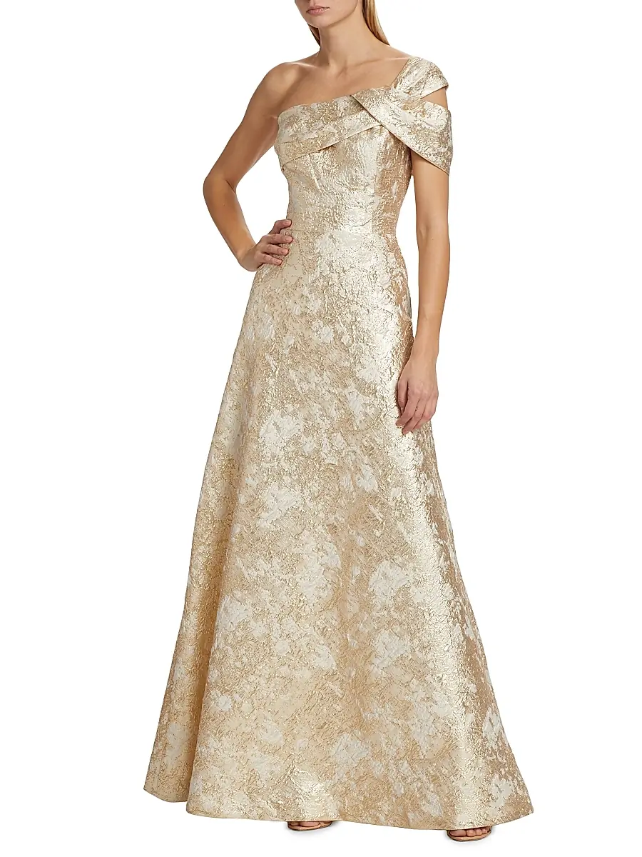 Teri Jon by Rickie Freeman Women's Metallic Jacquard One-Shoulder Gown | Thumbnail 2
