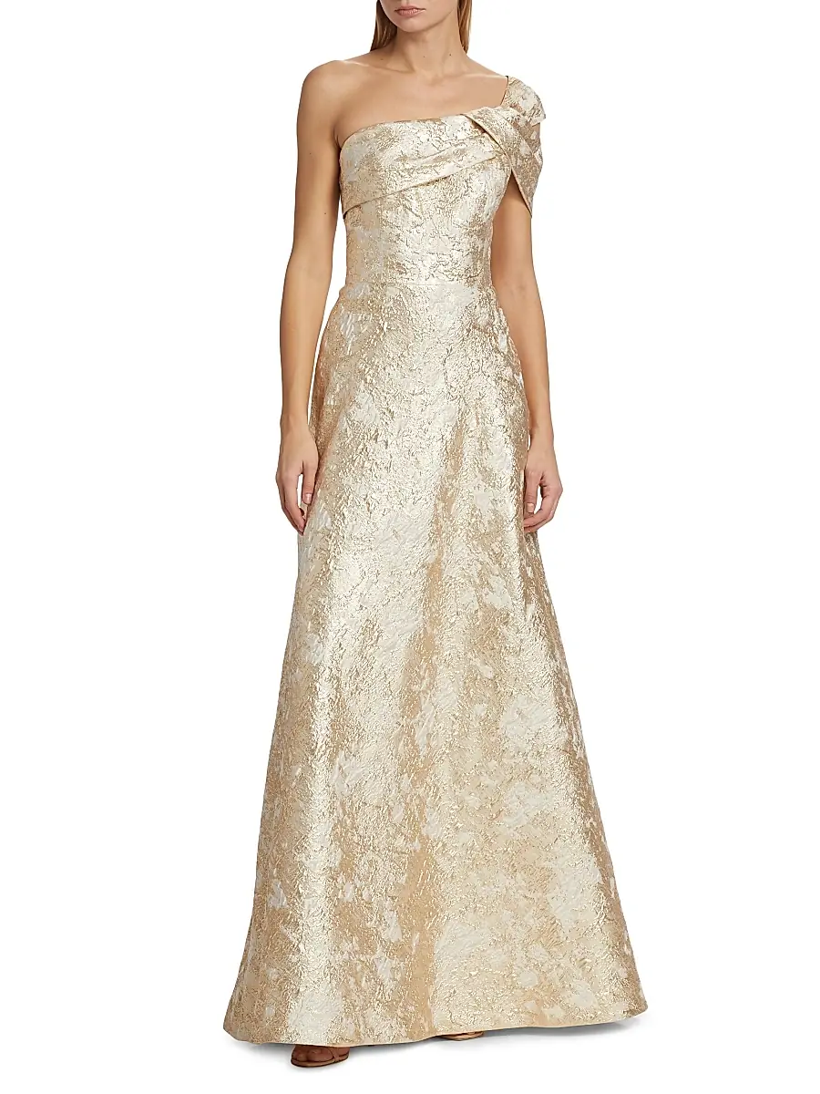 Teri Jon by Rickie Freeman Women's Metallic Jacquard One-Shoulder Gown | Thumbnail 3