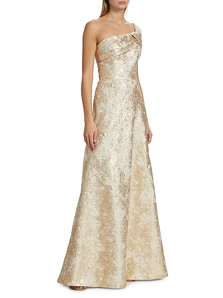 Teri Jon by Rickie Freeman Women's Metallic Jacquard One-Shoulder Gown | Thumbnail 4