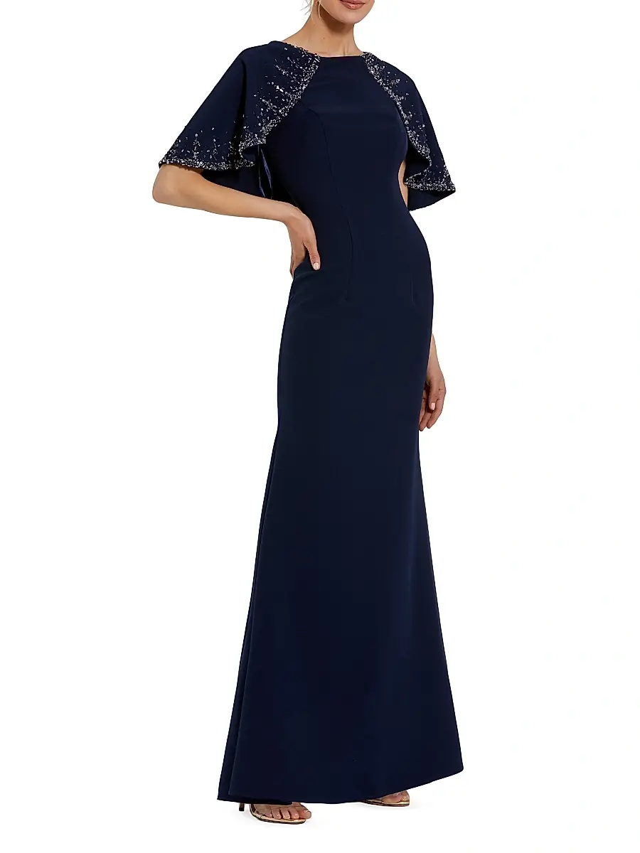 Mac Duggal Women's Crêpe Beaded Shawl Column Gown - Midnight | Image 1 Mac Duggal Women's Crêpe Beaded Shawl Column Gown - Midnight | Image 1