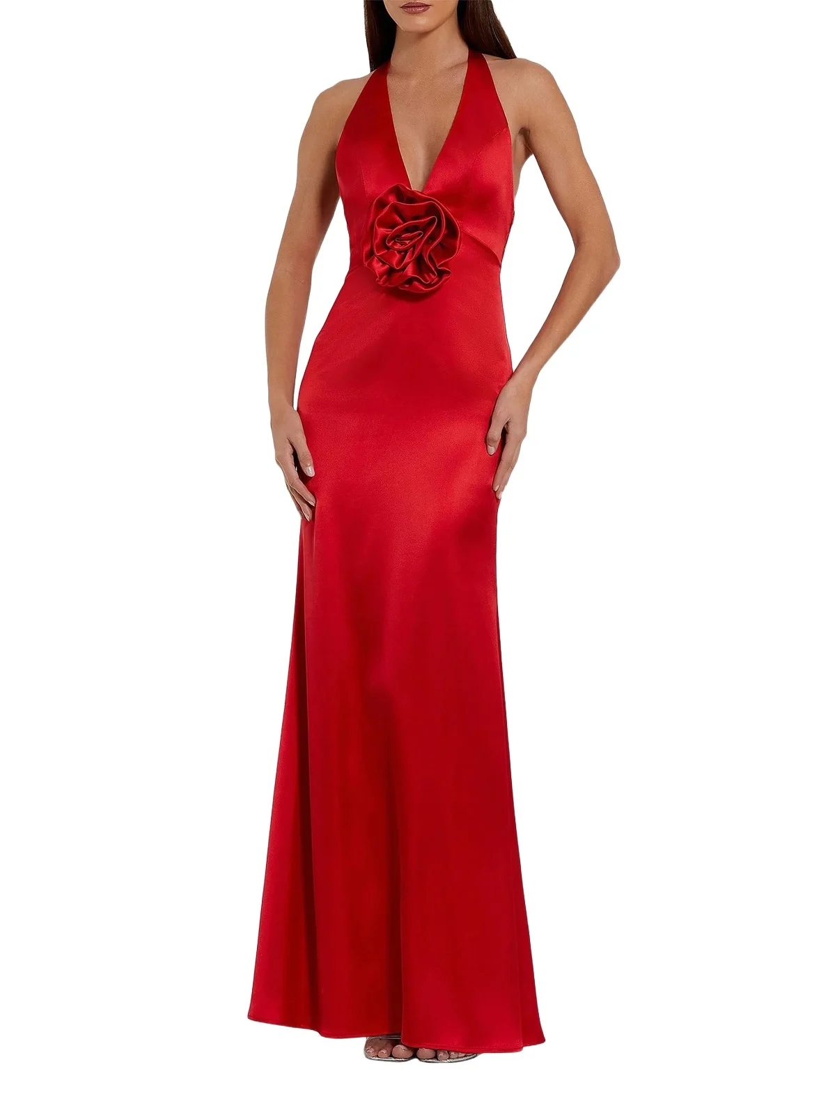 Mac Duggal Women's Satin Rosette V-Neck Slip Gown