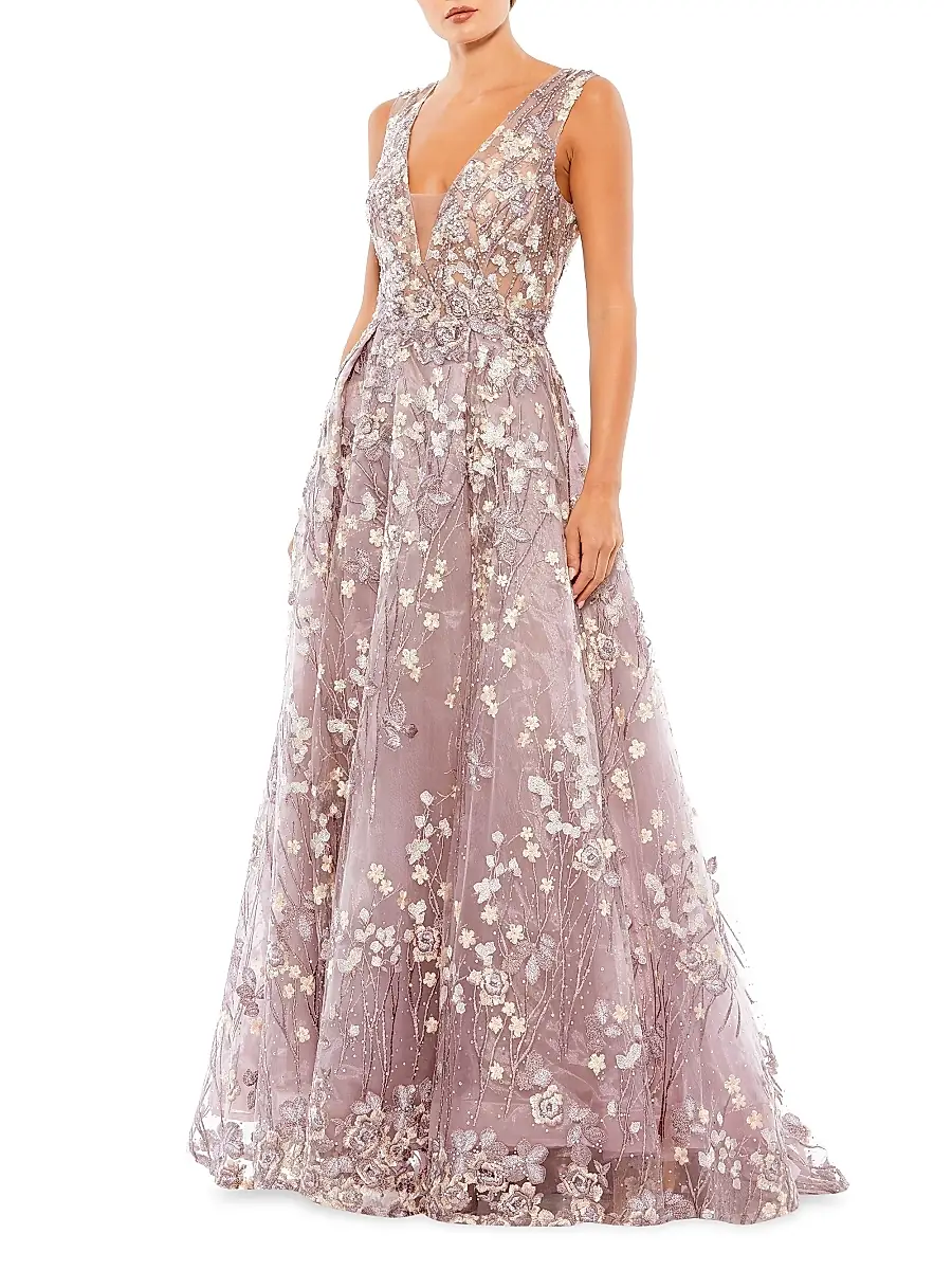 Mac Duggal Women's Floral Embroidered V-Neck Gown - Black | Image 1 Mac Duggal Women's Floral Embroidered V-Neck Gown - Black | Image 1