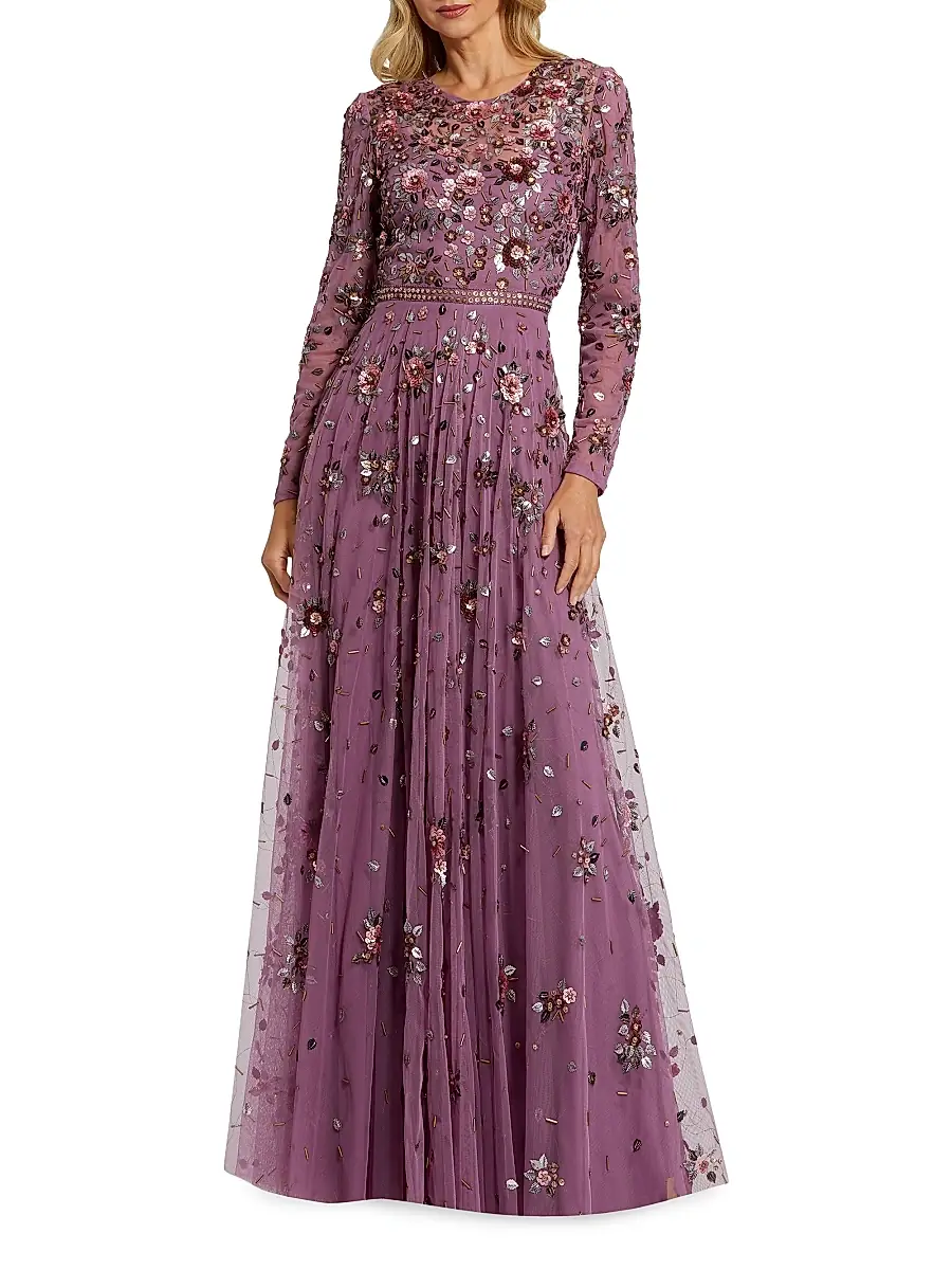 Mac Duggal Women's Floral Embellished Tulle A-Line Gown - Raspberry | Image 1 Mac Duggal Women's Floral Embellished Tulle A-Line Gown - Raspberry | Image 1