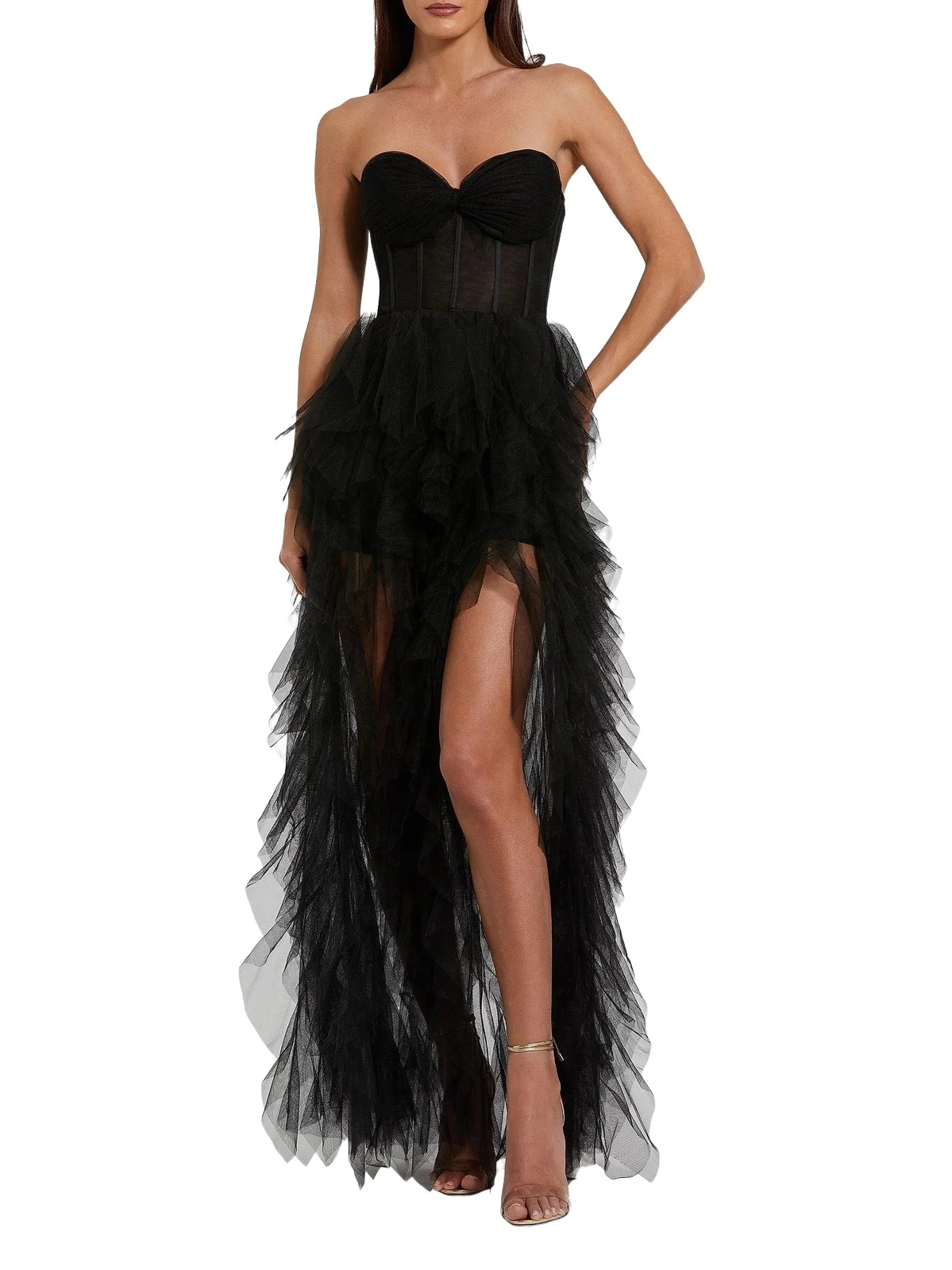 Mac Duggal Women's Tulle Strapless Bustier Ruffled Gown