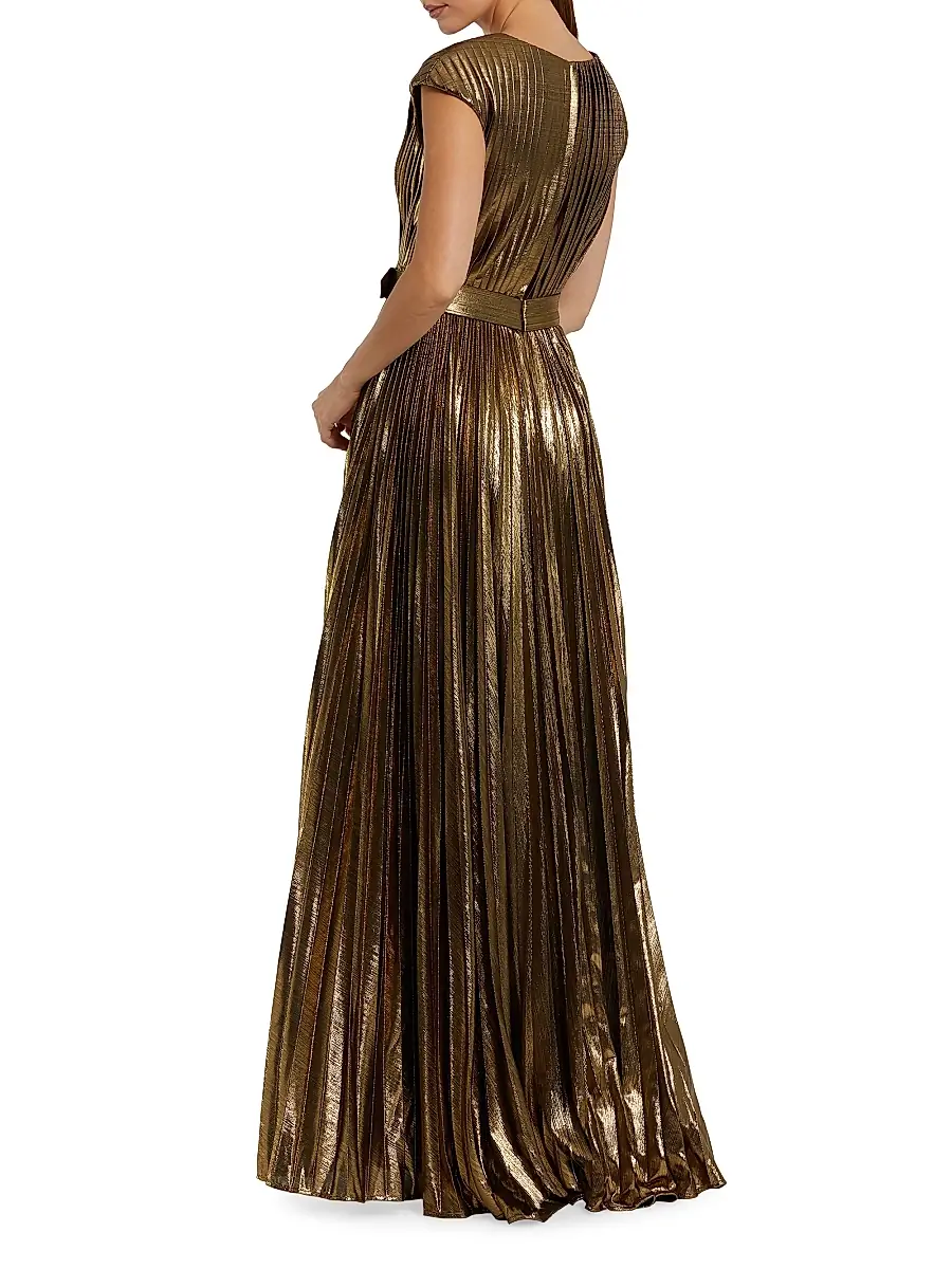 Mac Duggal Women's Metallic Pleated Belted A-Line Gown | Thumbnail 2 Mac Duggal Women's Metallic Pleated Belted A-Line Gown | Thumbnail 2