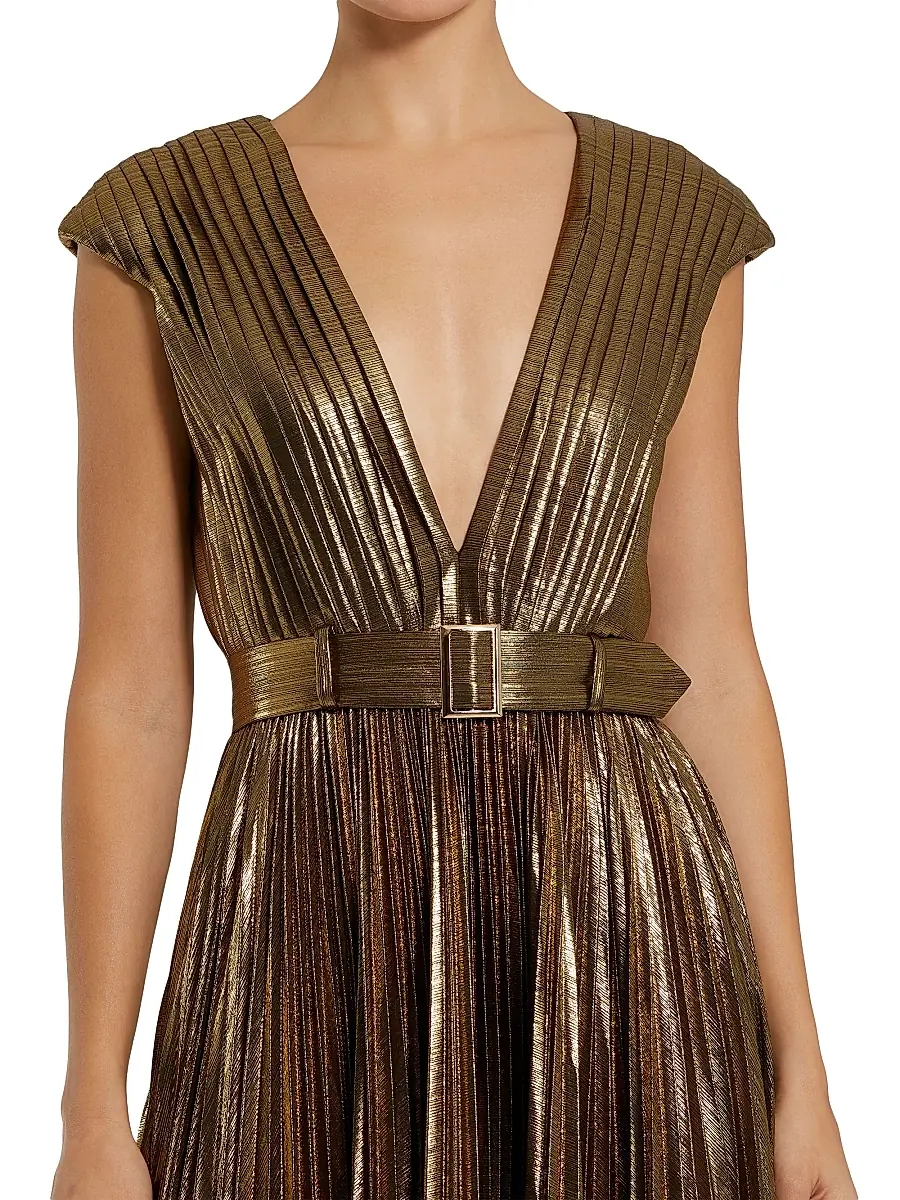 Mac Duggal Women's Metallic Pleated Belted A-Line Gown | Thumbnail 3 Mac Duggal Women's Metallic Pleated Belted A-Line Gown | Thumbnail 3