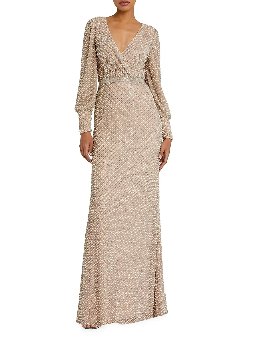 Women's Pearl-Embellished Long-Sleeve Gown