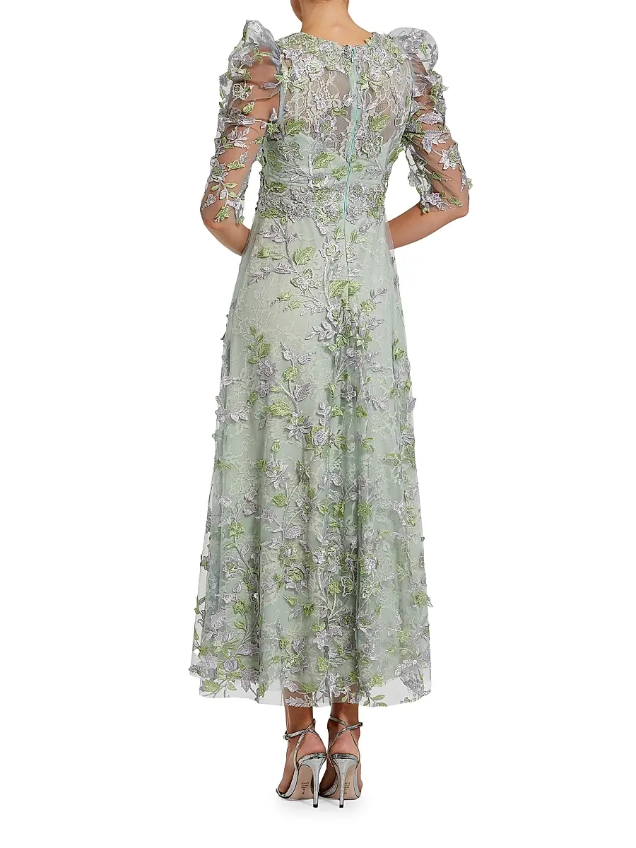 Mac Duggal Women's Floral Appliqué Puff-Sleeve Maxi Dress | Thumbnail 2 Mac Duggal Women's Floral Appliqué Puff-Sleeve Maxi Dress | Thumbnail 2