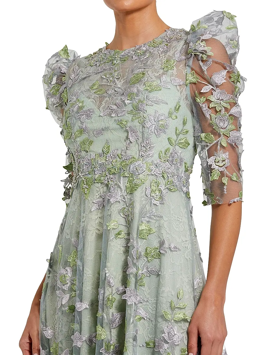 Mac Duggal Women's Floral Appliqué Puff-Sleeve Maxi Dress | Thumbnail 3 Mac Duggal Women's Floral Appliqué Puff-Sleeve Maxi Dress | Thumbnail 3