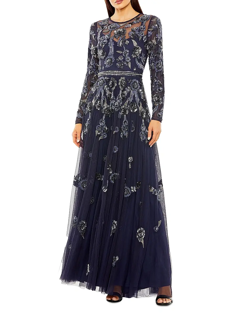 Mac Duggal Women's Floral Beaded Mesh Gown - Midnight Multi | Image 1 Mac Duggal Women's Floral Beaded Mesh Gown - Midnight Multi | Image 1