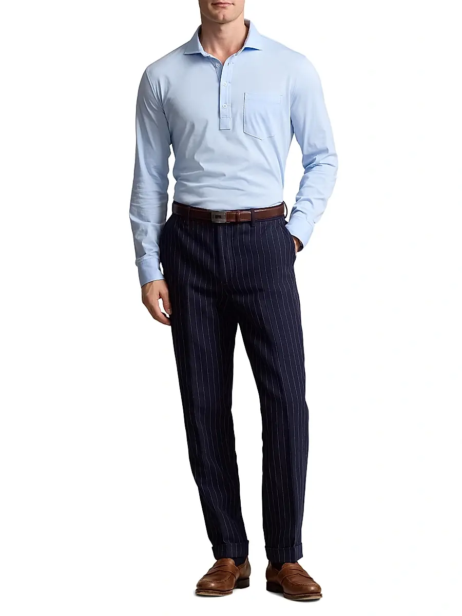 Polo Ralph Lauren Men's Lisle Cotton Long-Sleeve Polo Shirt - Office Blue | Thumbnail 2 Polo Ralph Lauren Men's Lisle Cotton Long-Sleeve Polo Shirt - Office Blue | Thumbnail 2