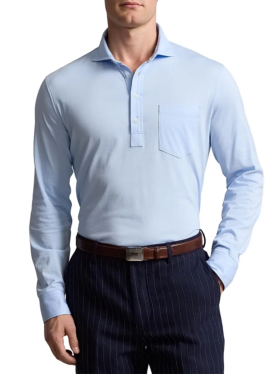 Polo Ralph Lauren Men's Lisle Cotton Long-Sleeve Polo Shirt - Office Blue | Thumbnail 3 Polo Ralph Lauren Men's Lisle Cotton Long-Sleeve Polo Shirt - Office Blue | Thumbnail 3