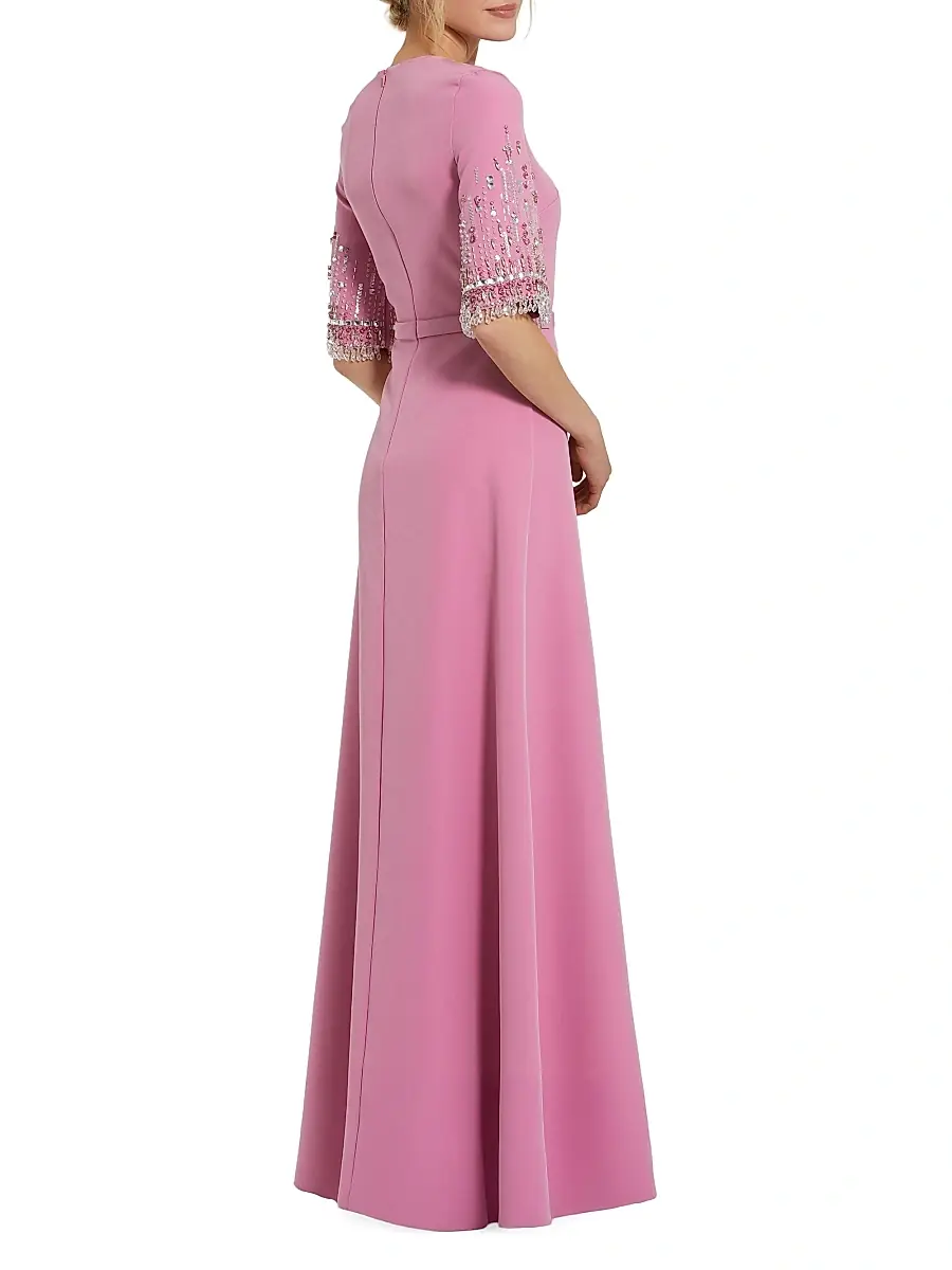 Mac Duggal Women's Crêpe Beaded-Sleeve A-Line Gown | Thumbnail 2 Mac Duggal Women's Crêpe Beaded-Sleeve A-Line Gown | Thumbnail 2