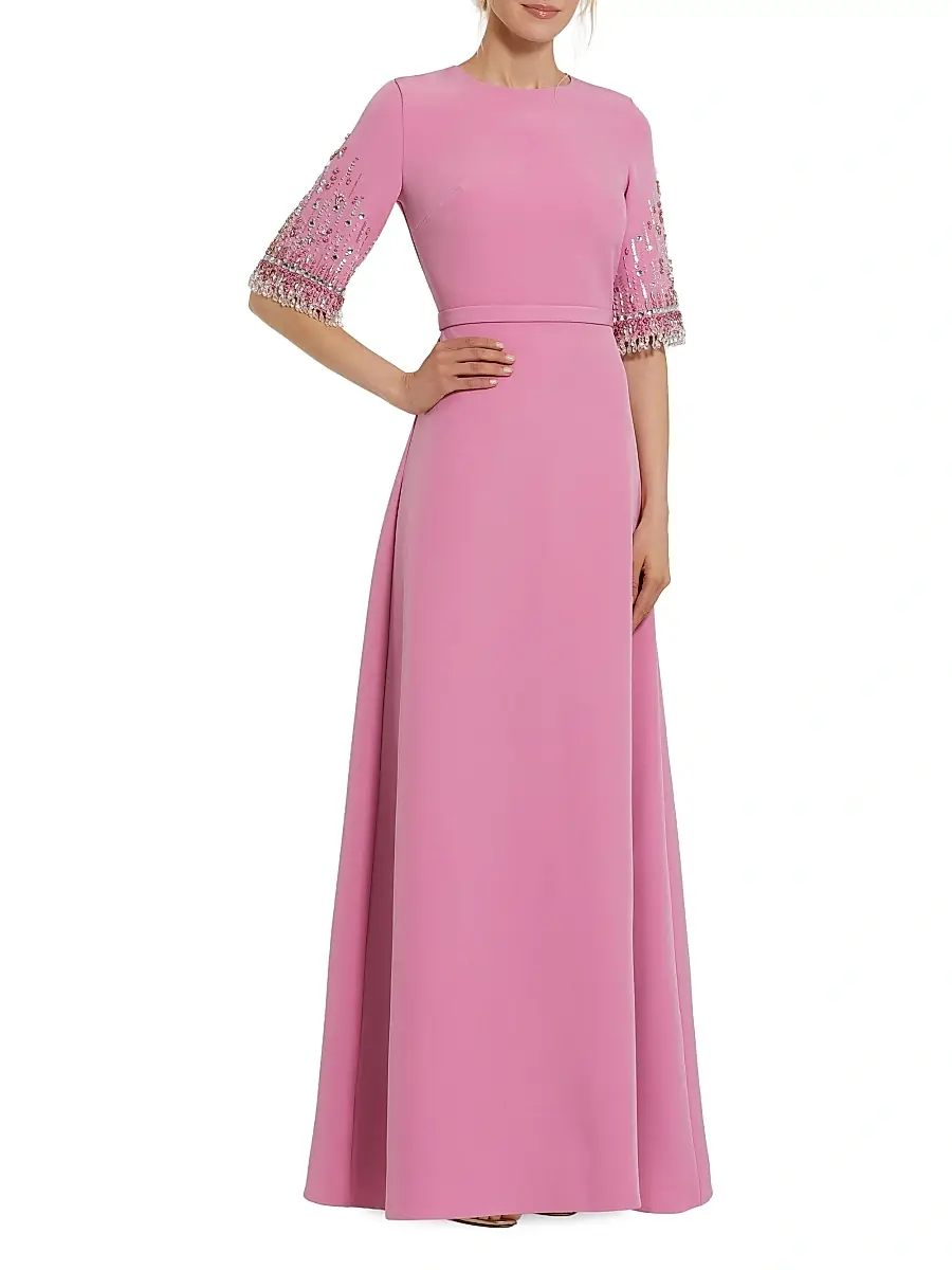 Mac Duggal Women's Crêpe Beaded-Sleeve A-Line Gown