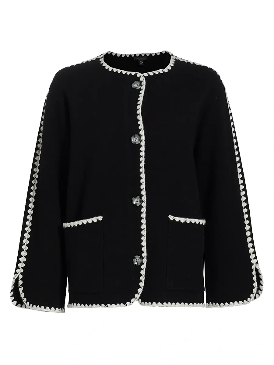 Saks Fifth Avenue Women's Whipstitch-Trim Cashmere Cardigan - Black Frost White | Image 1 Saks Fifth Avenue Women's Whipstitch-Trim Cashmere Cardigan - Black Frost White | Image 1