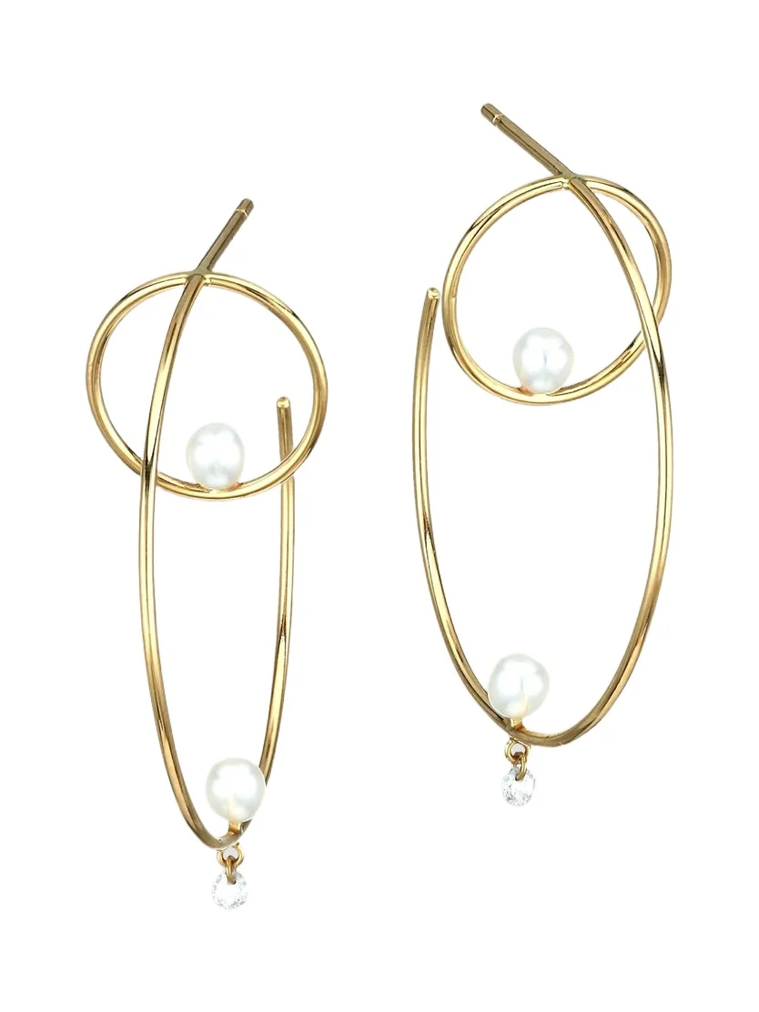 Persée Women's Turn Around 18K Yellow Gold, Faux Pearl & Diamond Creole Hoop Earrings