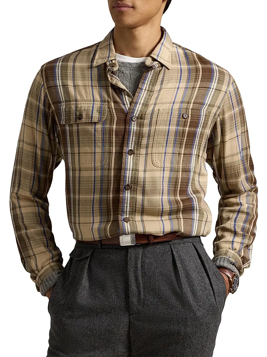 Polo Ralph Lauren Men's Plaid Button-Up Shirt - Brown Blue Multicolor | Thumbnail 3 Polo Ralph Lauren Men's Plaid Button-Up Shirt - Brown Blue Multicolor | Thumbnail 3