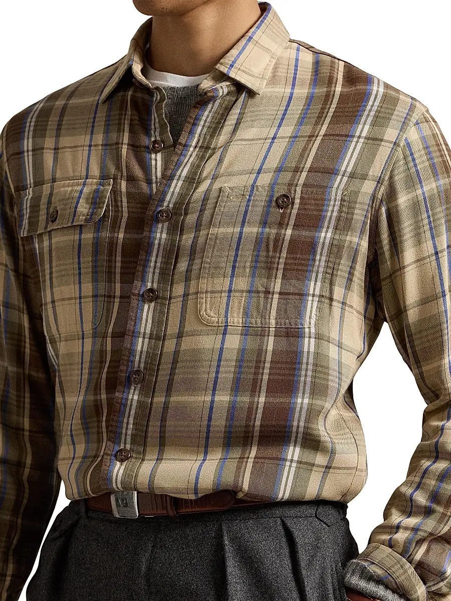 Polo Ralph Lauren Men's Plaid Button-Up Shirt - Brown Blue Multicolor | Thumbnail 5 Polo Ralph Lauren Men's Plaid Button-Up Shirt - Brown Blue Multicolor | Thumbnail 5