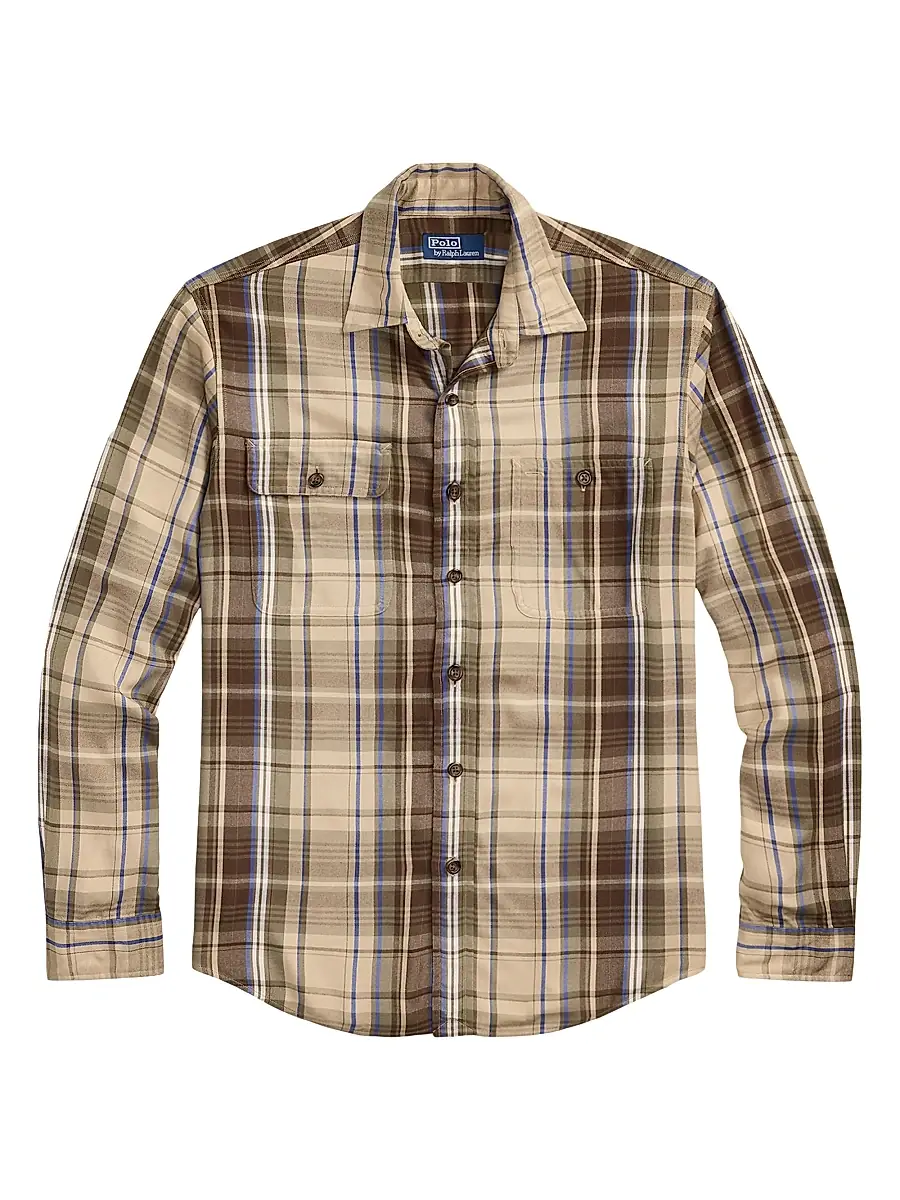Men's Plaid Button-Up Shirt - Brown Blue Multicolor