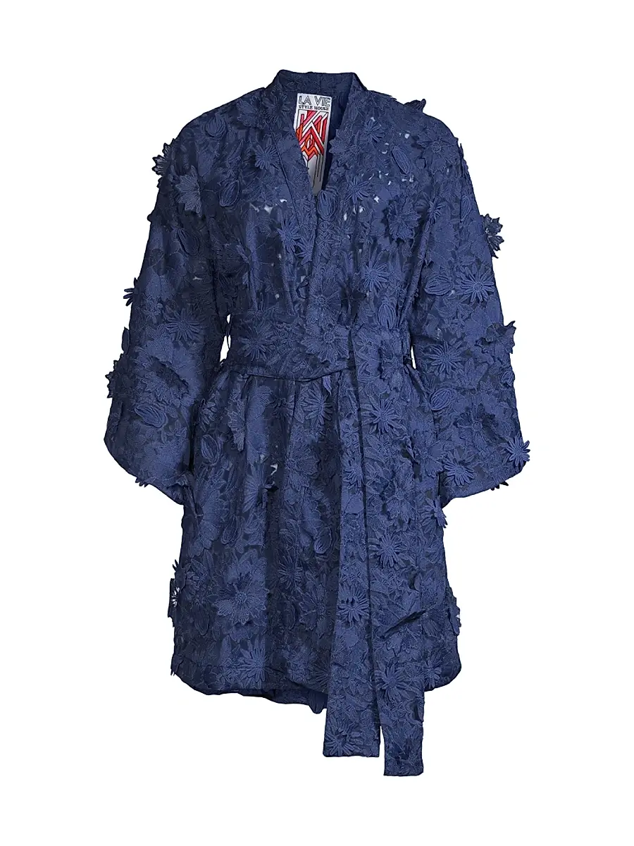 La Vie Style House Women's 3D Lace Mini Wrap Dress - Navy | Image 1 La Vie Style House Women's 3D Lace Mini Wrap Dress - Navy | Image 1