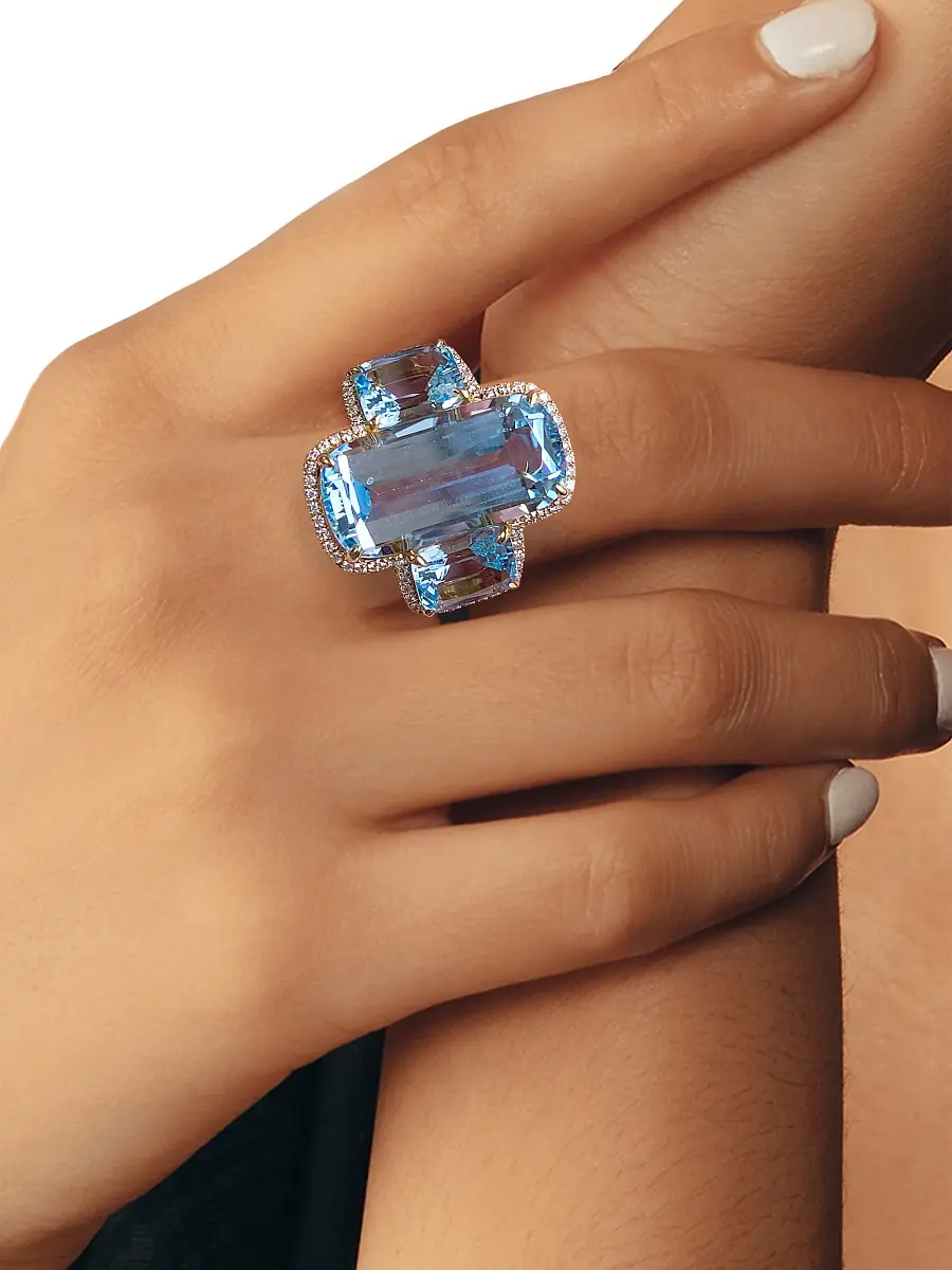GOSHWARA Women's Gossip 18K Yellow Gold, Blue Topaz & 0.33 TCW Diamonds Ring