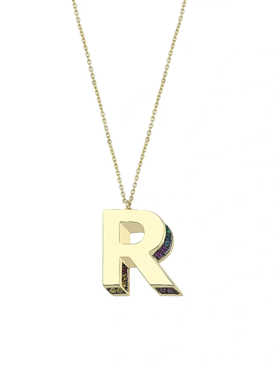 Charms Company Women's Initials 14K Yellow Gold & Sapphire 3D Pendant Necklace - Initial T | Image 1 Charms Company Women's Initials 14K Yellow Gold & Sapphire 3D Pendant Necklace - Initial T | Image 1