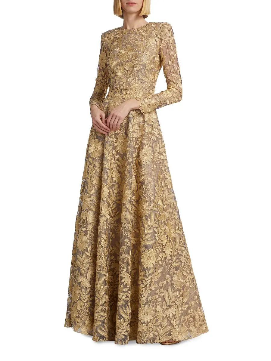 Naeem Khan Women's Floral Lace A-Line Gown - Gold Silver | Image 1 Naeem Khan Women's Floral Lace A-Line Gown - Gold Silver | Image 1