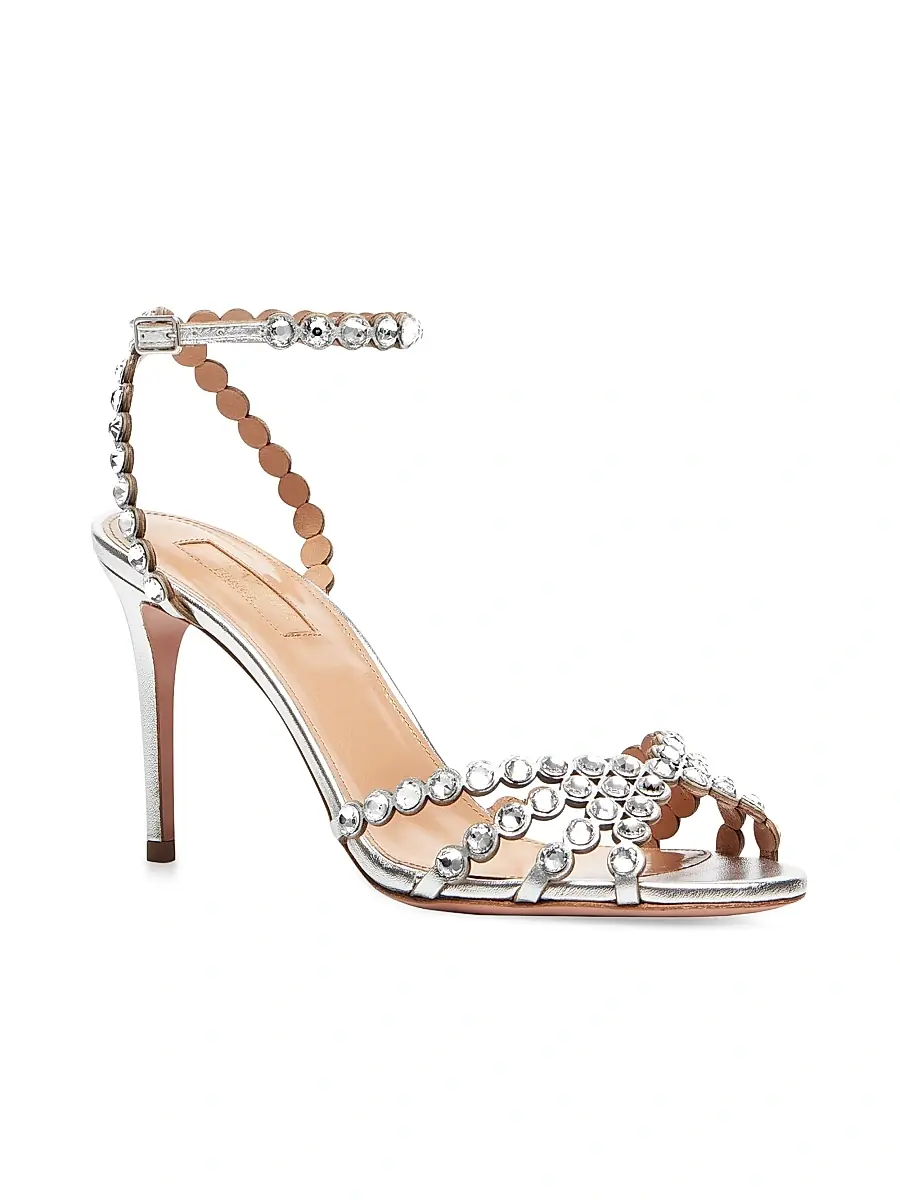 Aquazzura Women's Tequila 85MM Embellished Metallic Leather Sandals - Silver | Thumbnail 2 Aquazzura Women's Tequila 85MM Embellished Metallic Leather Sandals - Silver | Thumbnail 2