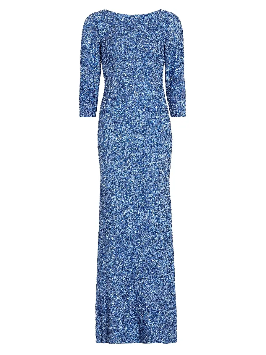 Theia Women's Three-Quarter Sleeve Sequin Sheath Gown - Oxford Blue | Image 1 Theia Women's Three-Quarter Sleeve Sequin Sheath Gown - Oxford Blue | Image 1